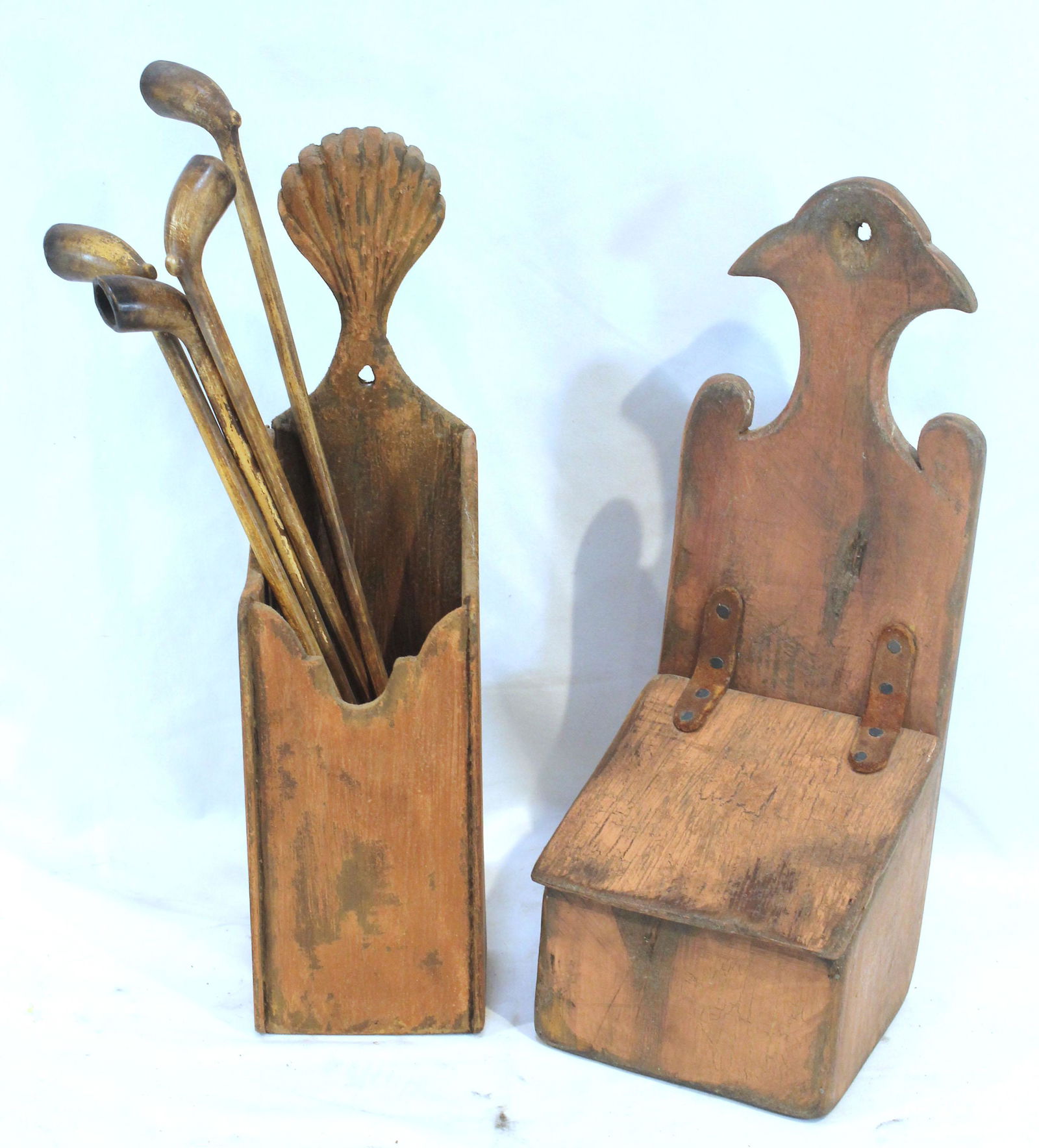 2 contemporary primitive style wall boxes incl a shell carved w pipes 15 1/4" tall x 4" wide & 14 (1 of 7)