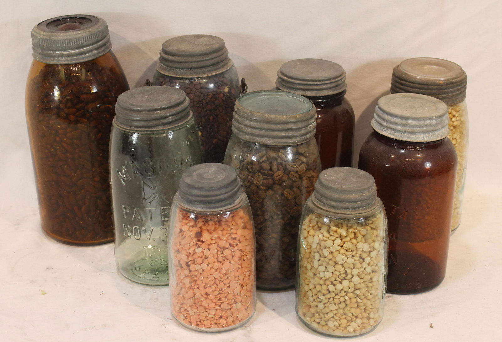 9 decorative mason jars filled w cloves, coffee beans, corn, etc - 6"-9 3/4" tall (1 of 4)