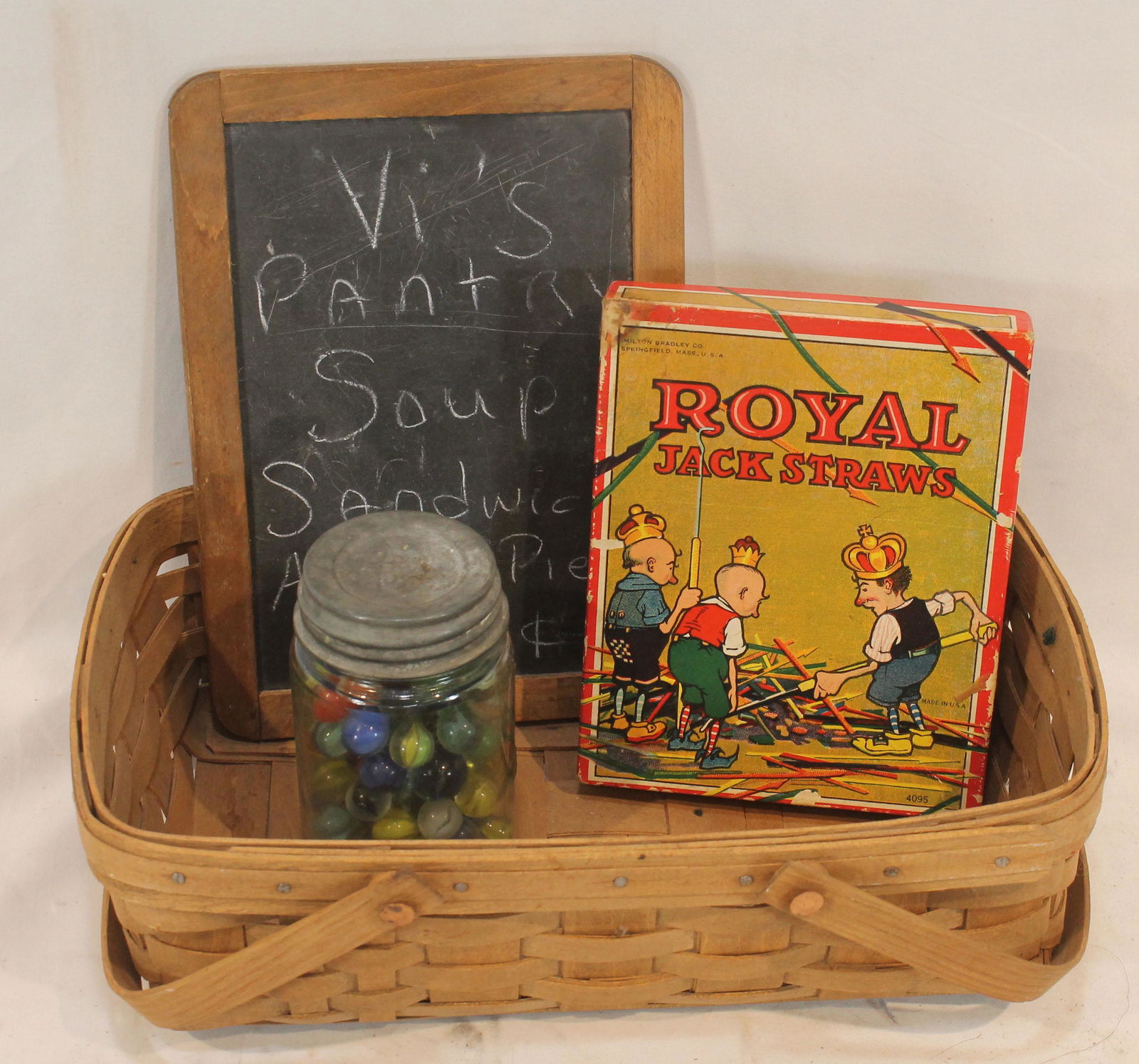 Vintage toy/child's lot incl chalkboard, jar of marble & Royal Jack Straws game in orig box - all in (1 of 6)