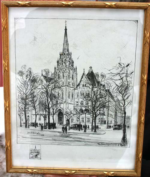 Frank Milton Armington(1876-1941) 11x9 1/2 conte c: Frank Milton Armington(1876-1941) 11x9 1/2 conte crayon titled "The American Church of Paris" dtd 1931