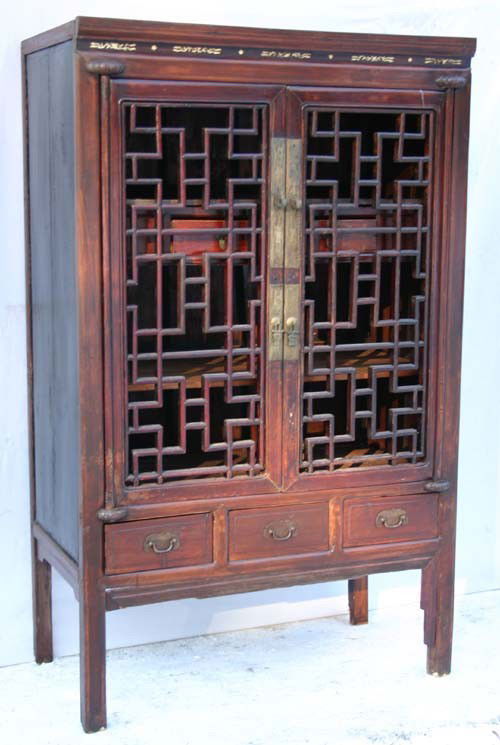 early 19thC Ching Dynasty rare bone inlaid & lattic: early 19thC Ching Dynasty rare bone inlaid & lattice 2 door cupboard - 5'8" tall x 3'5" wide