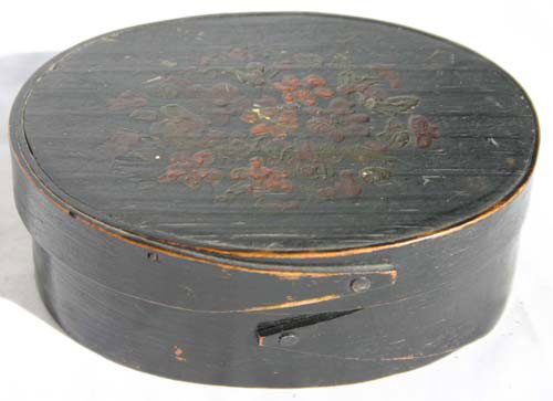 Shaker 5 1/4" x 4" oval finger lapped pantry box i: Shaker 5 1/4" x 4" oval finger lapped pantry box in black paint w floral paint dec lid