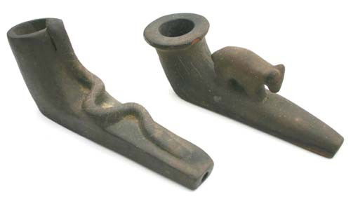 pr of clay animal effigy pipes w a bear & snake de: pr of clay animal effigy pipes w a bear & snake dec - 6 1/2" & 7" long - Native American collection