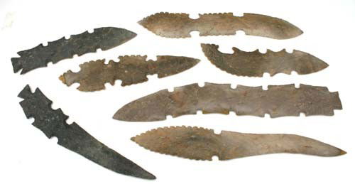 lot of 8 exotic serrated edge flint spears probabl: lot of 8 exotic serrated edge flint spears probably of the ca 1920's legendary Mack Tussinger origin - Native American collection