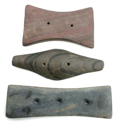lot of 3 stone gorgets or amulets - 3 1/2, 4 1/2": lot of 3 stone gorgets or amulets - 3 1/2, 4 1/2" & 5" - Native American collection
