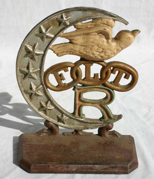 rare antique cast iron Oddfellows doorstop dec w F: rare antique cast iron Oddfellows doorstop dec w FLT lettering (Friendship, Love & Truth) - 6" tall