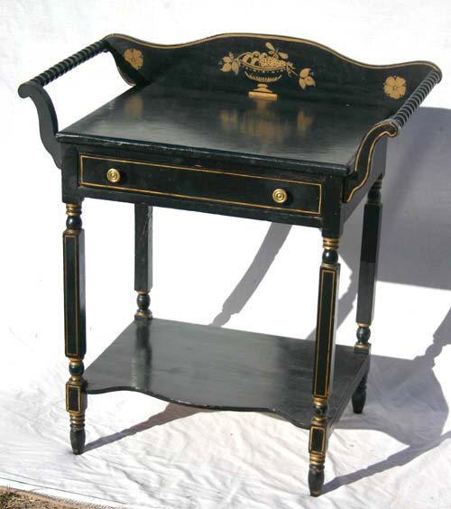 19thC pine 1 dr washstand w lower tier & towel bar: 19thC pine 1 dr washstand w lower tier & towel bars in old black paint w stencil dec