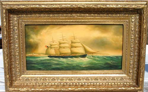 A. Hess 8x16 o/panel of a ship in fancy frame: A. Hess 8x16 o/panel of a ship in fancy frame