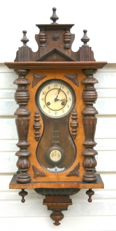 antique ca turn of the century Junghans carved waln: antique ca turn of the century Junghans carved walnut wall clock w pendulum - 33"