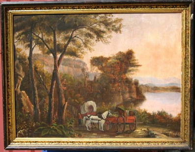 Attrib Winthrop Chandler (Woodstock, CT 1747-1790): Attrib Winthrop Chandler (Woodstock, CT 1747-1790) 19 ½ x 26 o/c landscape by a lake or river w horse drawn wagon & carriage, figure, etc