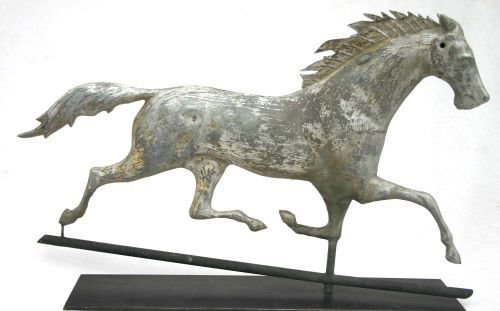 late 19thC all copper Ethan Allen running horse wea: late 19thC all copper Ethan Allen running horse weathervane in old as found surface - 29" long