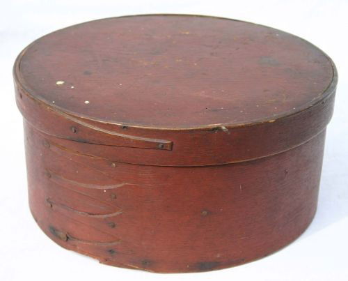 outstanding 19thC Shaker large 12 1/2" round 5 fing: outstanding 19thC Shaker large 12 1/2" round 5 fingered pantry box in great orig red paint