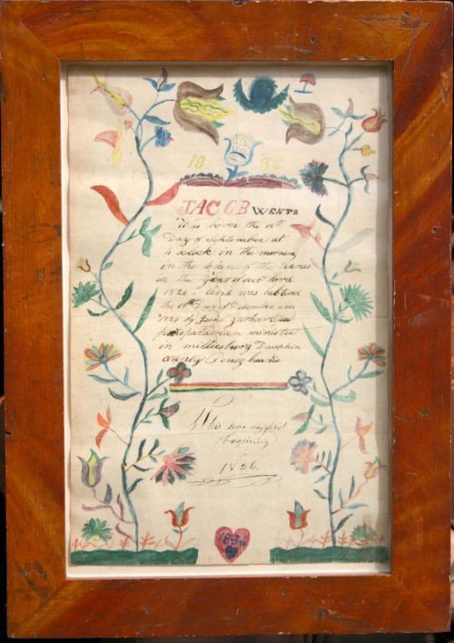 dated 1836 PA Dutch fraktur -Jacob Wentz in vintag: dated 1836 PA Dutch fraktur -Jacob Wentz in vintage grain painted frame - 15 1/2" x 11" framed size
