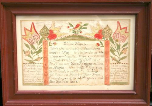 dated 1824 PA Dutch w/c fraktur - Wm Salzinger - 1: dated 1824 PA Dutch w/c fraktur - Wm Salzinger - 13" x 18" framed size