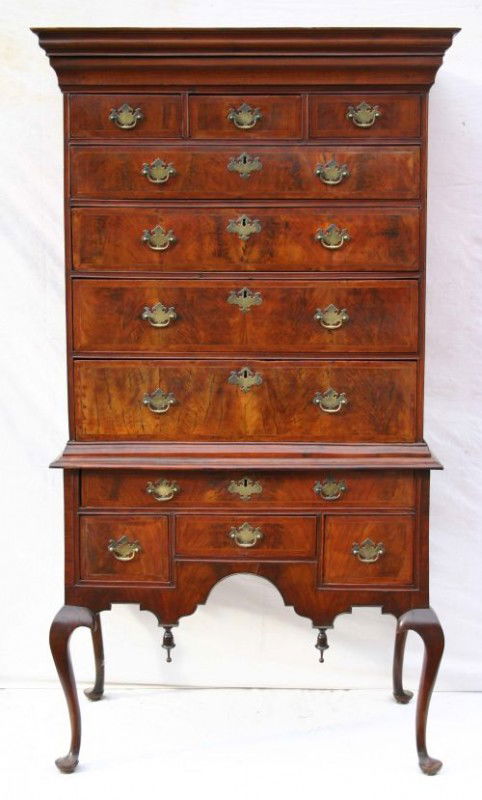 Exceptional attrib Joseph Davis QA ca 1735-50 Port: Exceptional attrib Joseph Davis QA ca 1735-50 Portsmouth, NH carved walnut highboy w beautiful crotched walnut veneers & herringbone surround triple line inlay. This most important high chest of drawe