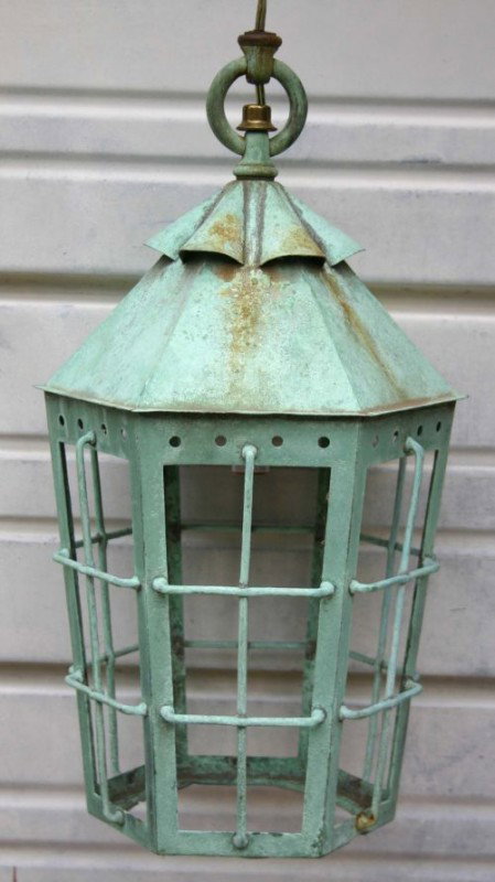 ca 1890 copper lantern in fabulous verdigris surfa: ca 1890 copper lantern in fabulous verdigris surface - found in VT - 17" tall