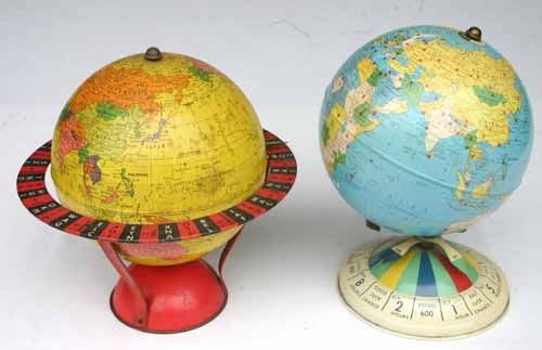 lot of 2 antique tin globes - 1 marked Chein & the: lot of 2 antique tin globes - 1 marked Chein & the other by Replogle Globes Inc