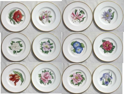 exceptional set of 12 Royal Worcester gold bordered: exceptional set of 12 Royal Worcester gold bordered dinner plates - each w a different beautiful hand painted floral center - 10 1/2" diam