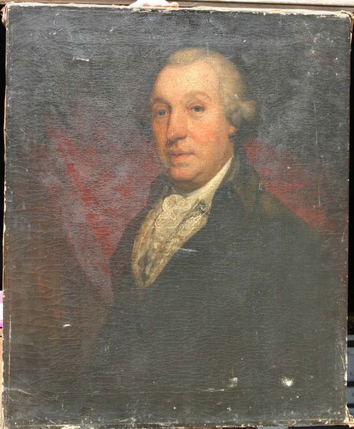 Fine 30x25 o/c portrait of an English Gent attrib t: Fine 30x25 o/c portrait of an English Gent attrib to Gilbert Stuart ca 1780 (Geo III crown mark on canvas verso)