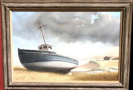 A. Hale Johnson 20x30 o/c coastal scene w boat at: A. Hale Johnson 20x30 o/c coastal scene w boat at low tide & sand dune titled "Washed Up" (Cape Cod scene)- Signed "Hale" indicates this is an early work