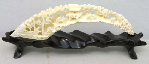 Chinese hippo tusk ivory carved village scene - 6 : Chinese hippo tusk ivory carved village scene - 6 1/4" long