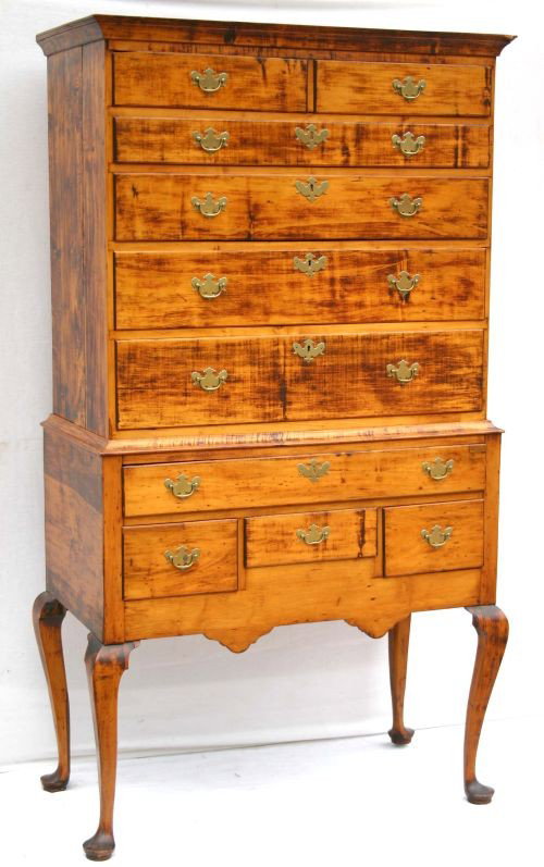 very early ca 1740 QA curly maple Rhode Island fla: very early ca 1740 QA curly maple Rhode Island flat top highboy w rare orig detachable legs, scalloped skirt & orig brasses (unmarried - chestnut secondary wood)