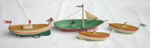 lot of 4 really neat miniature antique tin toy boa: lot of 4 really neat miniature antique tin toy boats - 5" - 3"