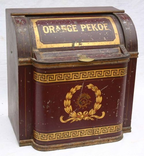 antique tin painted "Orange Pekoe" large tea bin -: antique tin painted "Orange Pekoe" large tea bin - 22 1/4" tall x 22" wide x 17" deep
