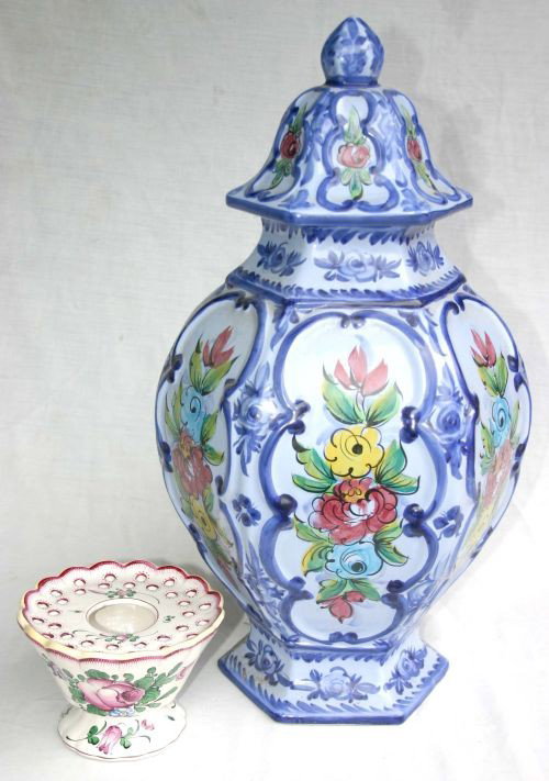 lot of 2 Continental early 20thC Faience items - 1: lot of 2 Continental early 20thC Faience items - 1 a very colorful & very lg 20" tall Portugese covered urn & the other a 4 1/2" tall hand painted Italian scalloped vase w flower frog interior