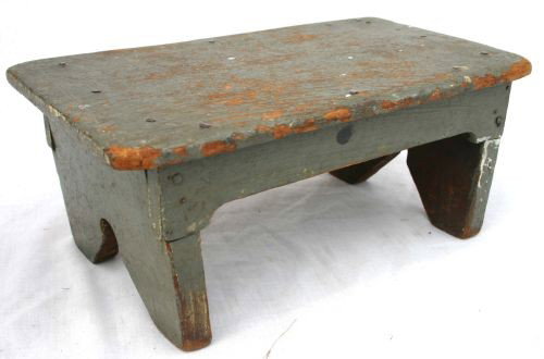 antique foot stool in orig gray paint w boot jack : antique foot stool in orig gray paint w boot jack ends - 14" wide x 8" tall x 6" deep