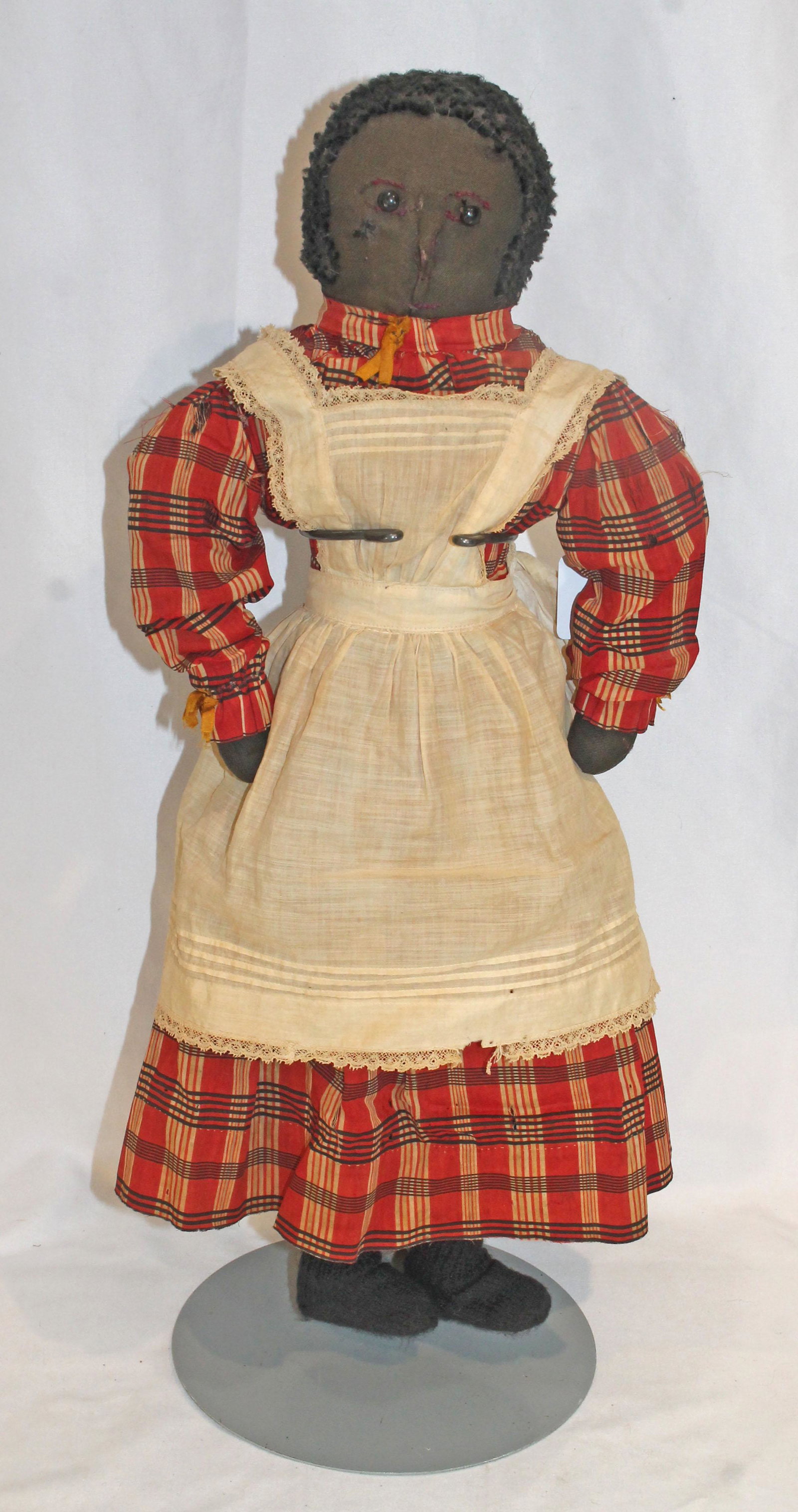 African American folk art cloth doll w shoe button eyes, orig plaid dress, stitched eyes, pinched (1 of 6)