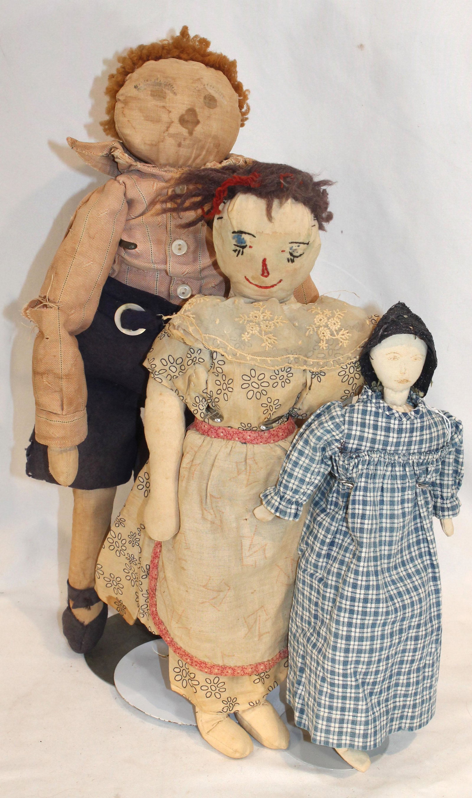 lot of 3 early 20thC cloth dolls incl Raggedy Ann & Andy plus a sm cloth doll - 17", 15 1/2" & 11 (1 of 12)
