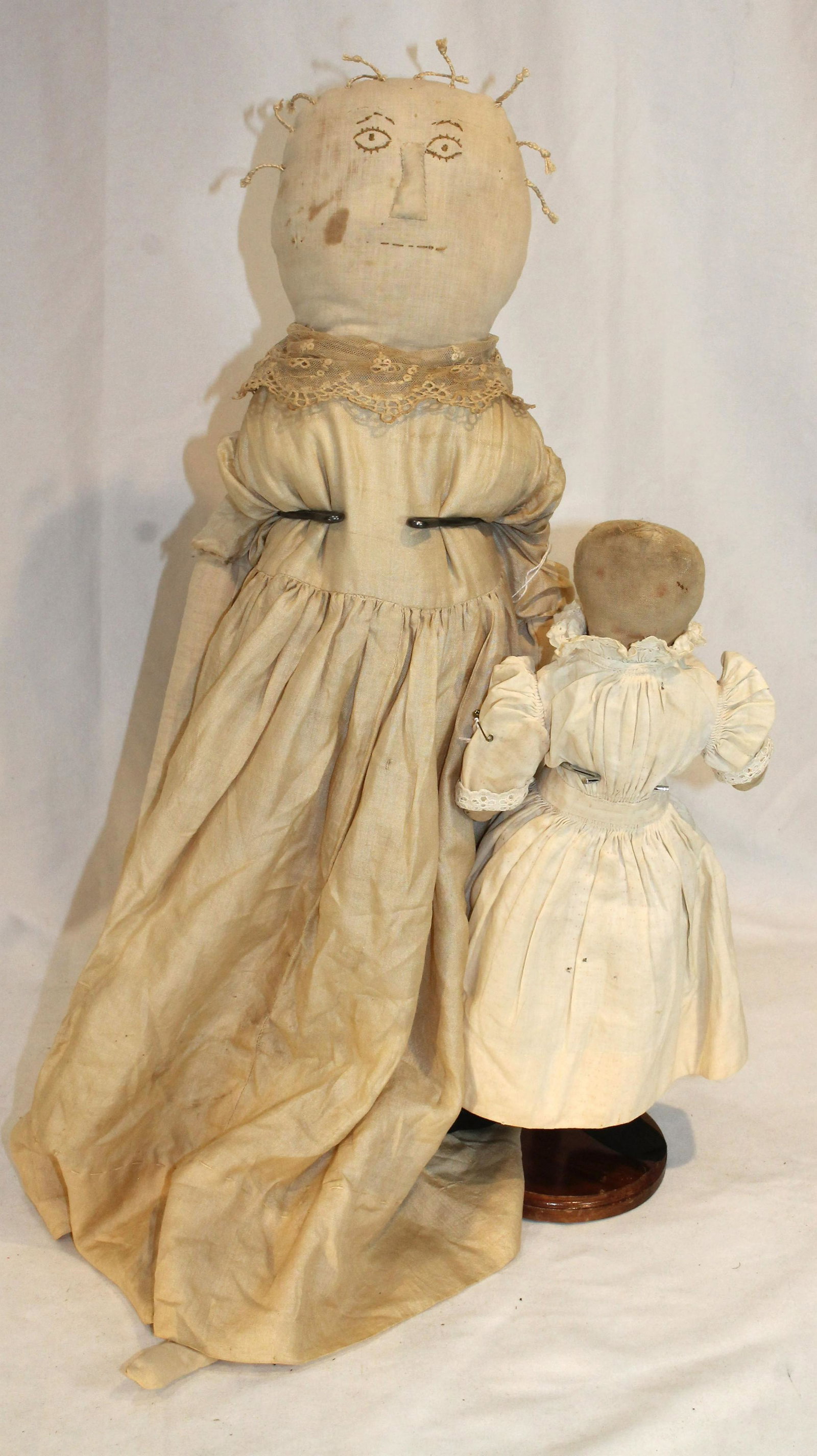 lot of 2 cloth dolls incl a lg contemporary plus a smaller antique example - 26" & 14" tall (1 of 8)