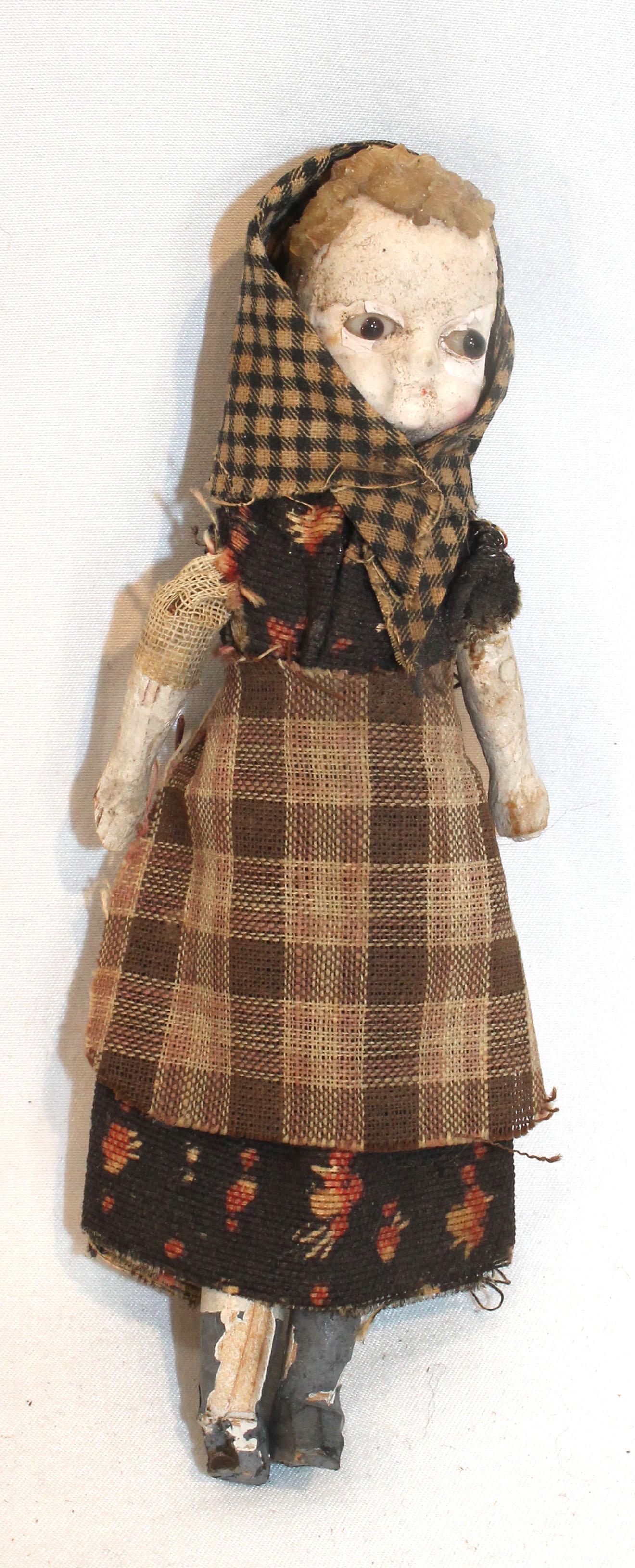19thC European doll w wooden body & composition head - 6" tall (1 of 8)