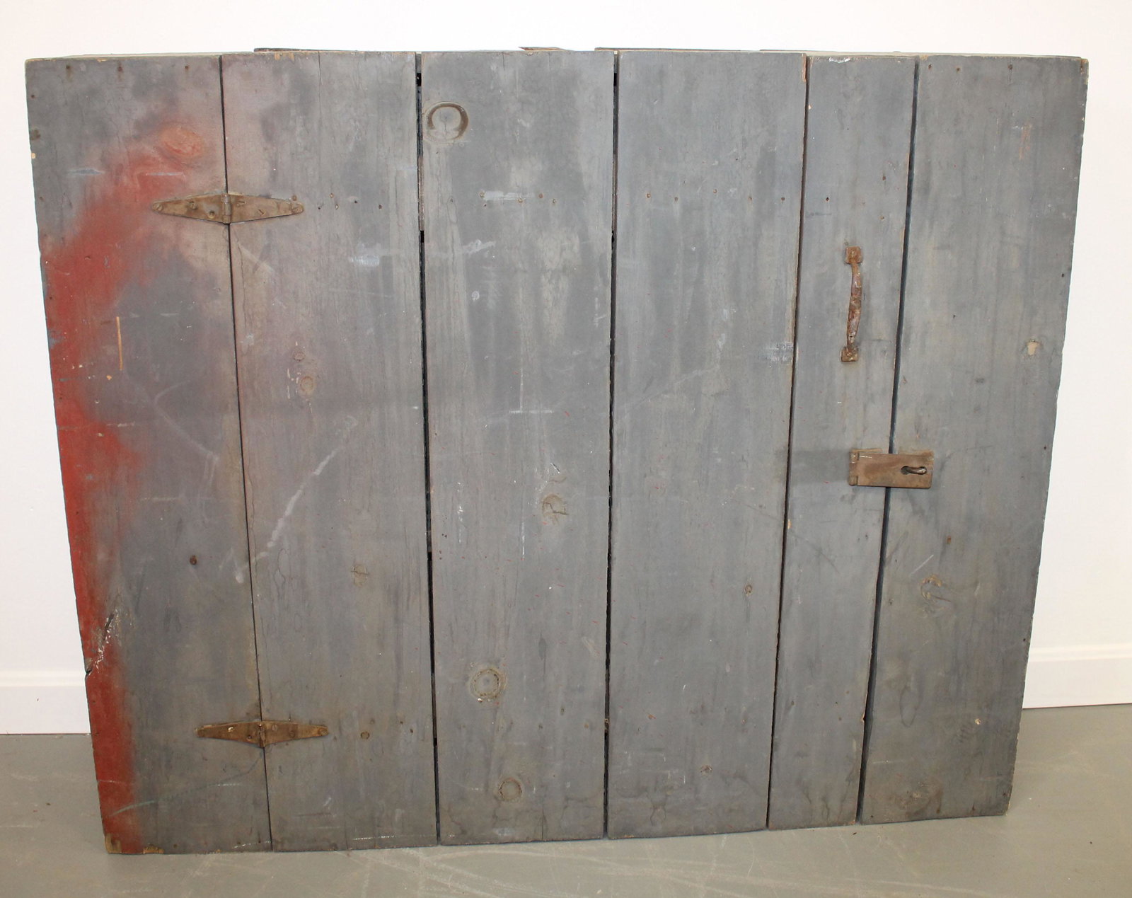 Antique 1 door wall cupboard in gray paint - 36" tall x 43 1/2" wide x 9 1/2" deep (1 of 9)