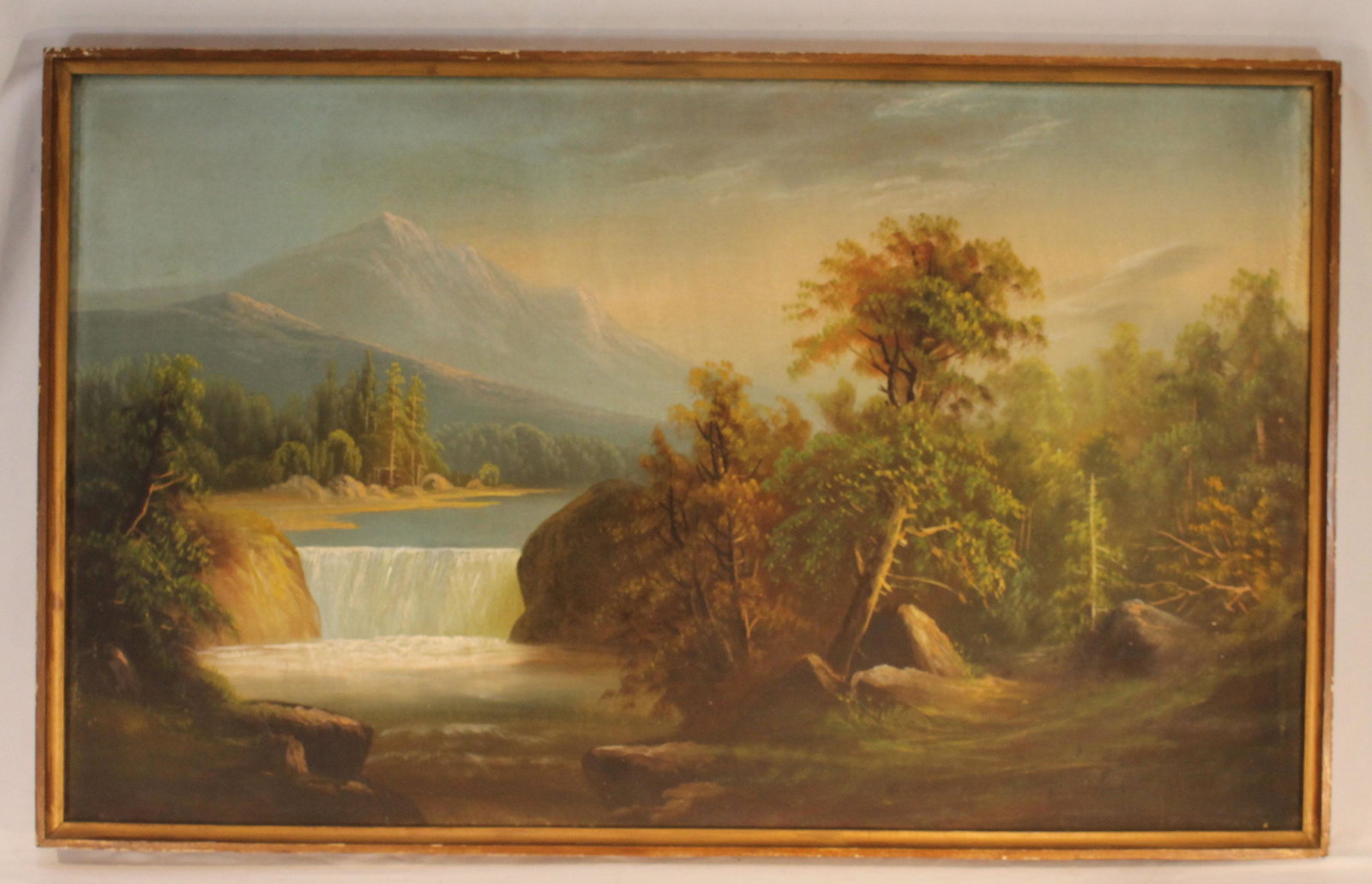 19thC 22"x36" o/c Hudson River school w label on verso identifying as Hudson River School OR Mt. (1 of 9)
