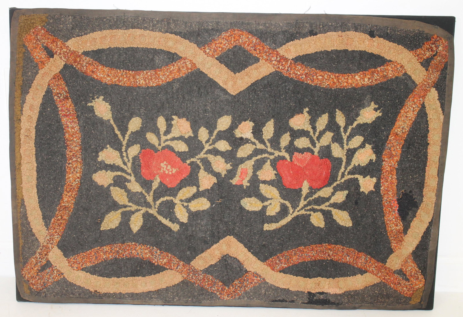 Antique hooked rug w floral dec on black background mounted for wall hanging - 25 1/2"x37" (1 of 4)