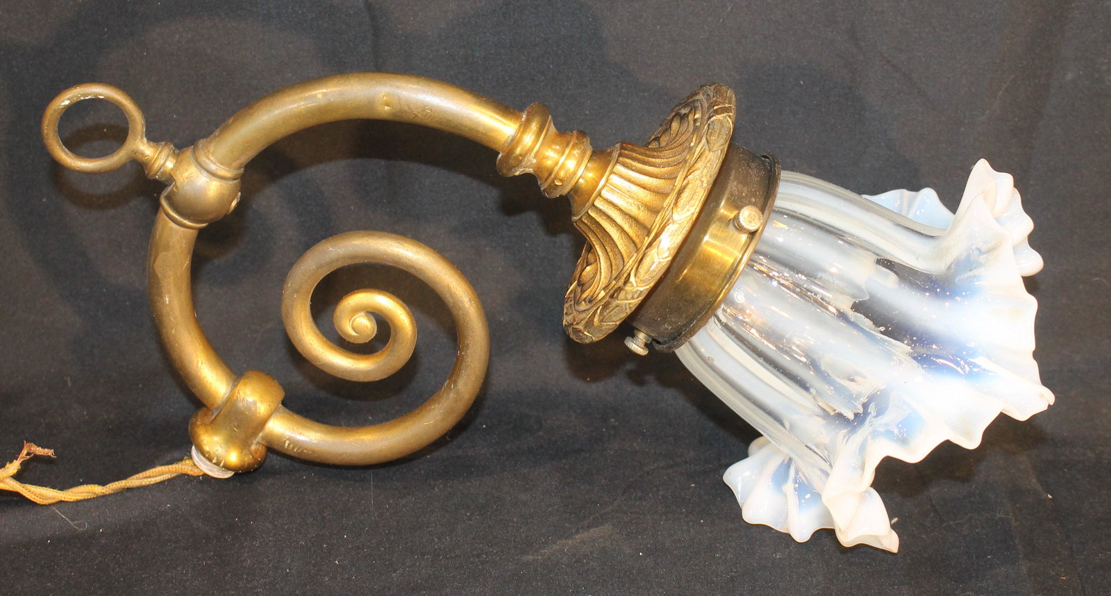 Victorian gas lighting sconce converted to electric w opalescent ruffled glass shade - overall (1 of 4)