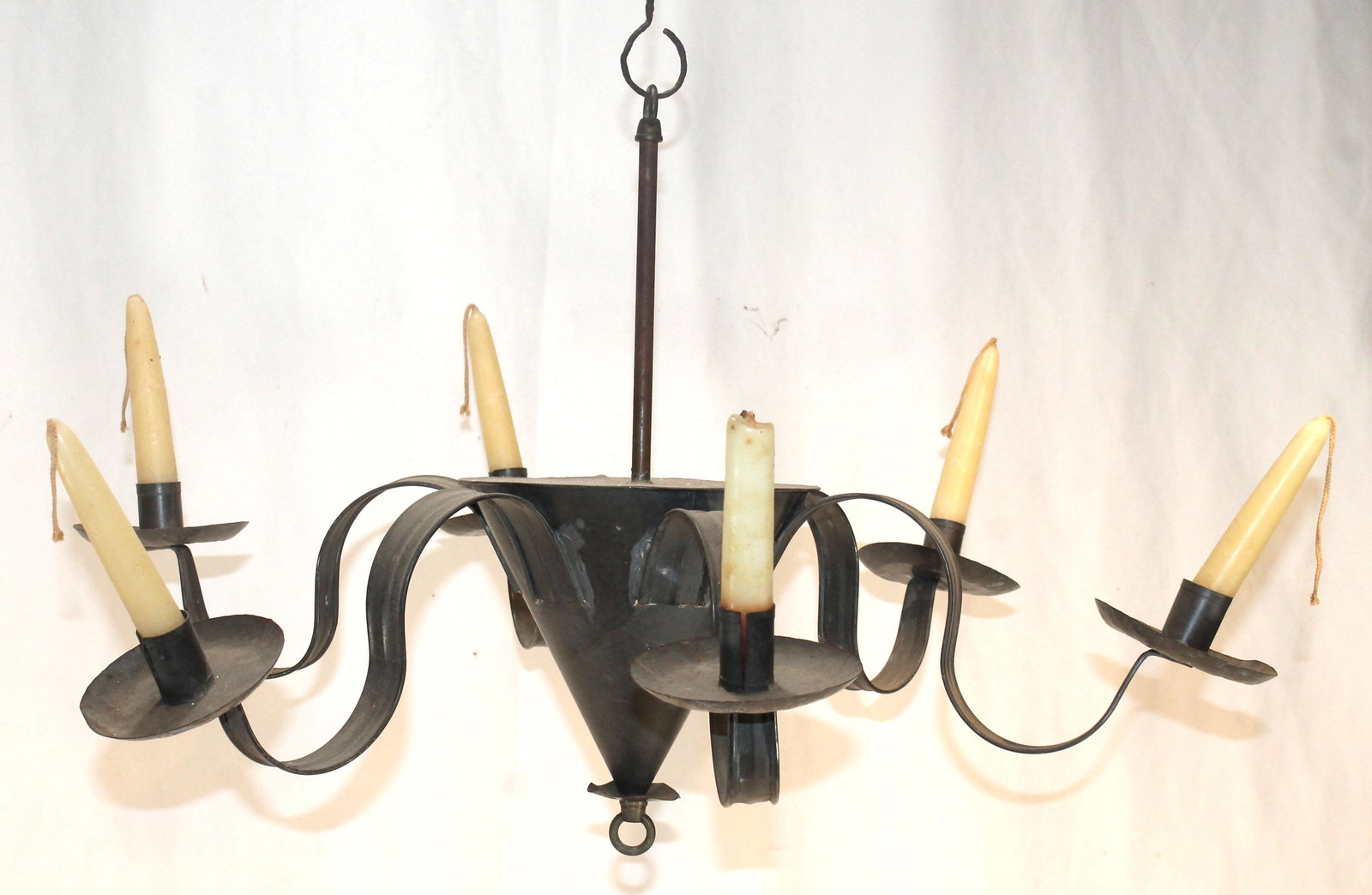 Primitive antique style tin 6 arm candlelamp chandelier - 8" 6all x 20" diam (1 of 4)