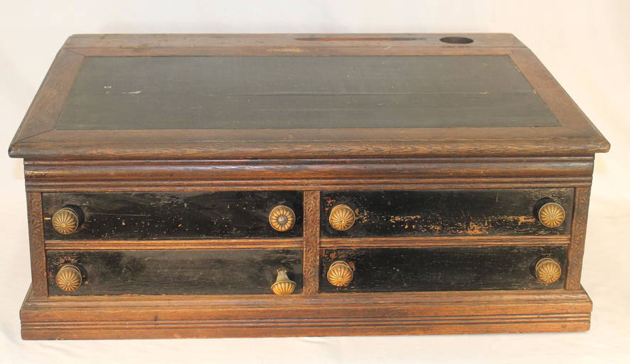 Victorian oak lift top table top desk w 4 drawers labeled "J&P Coats