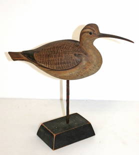 sgnd David Ward carved wooden curlew shore bird on stand - 13" tall x 14 1/2" long: sgnd David Ward carved wooden curlew shore bird on stand - 13" tall x 14 1/2" long