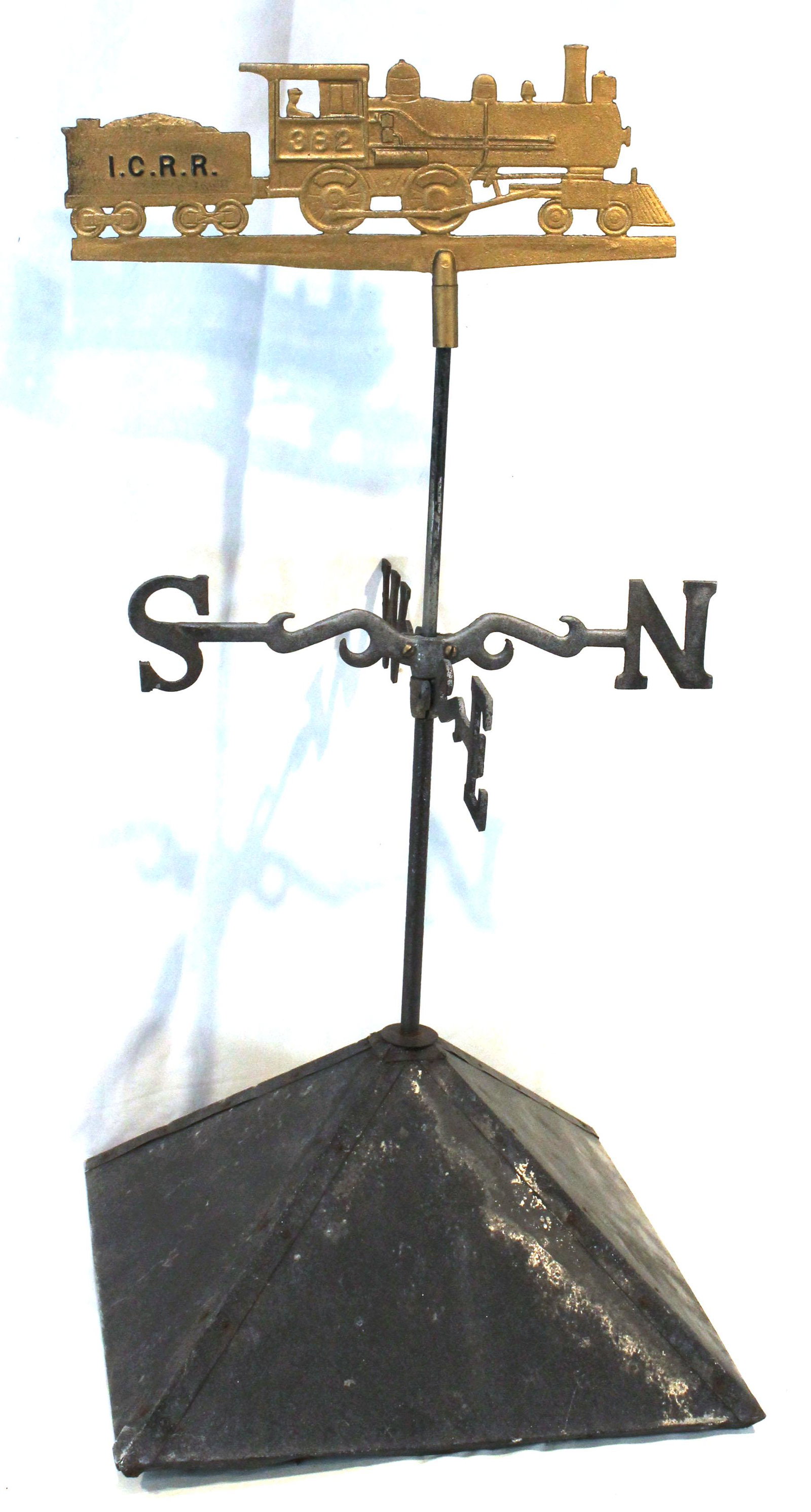 Locomotive weathervane marked ICRR w directionals on cuppola - 24" tall x 14 1/2" long locomotive (1 of 4)