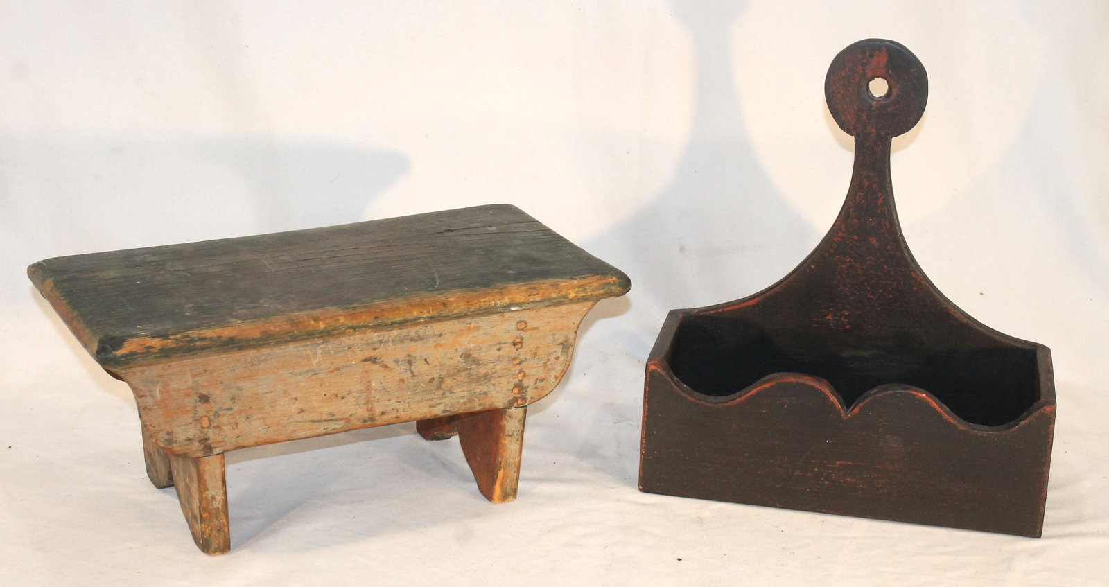 Antique foot stool in green paint together w an antique style candle wall box - stool is 15" wide x (1 of 5)