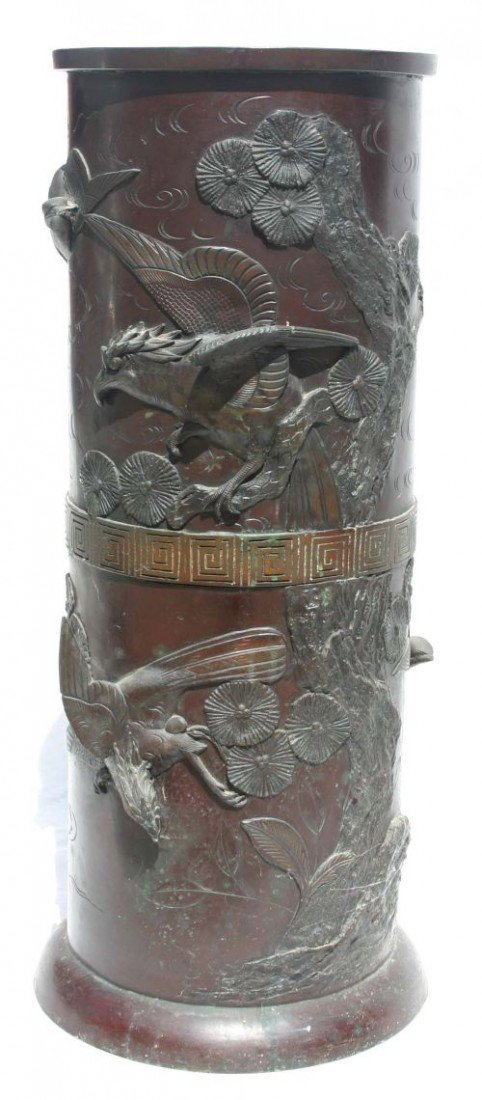 Fine antique Chinese bronze 24" tall umbrella stand: Fine antique Chinese bronze 24" tall umbrella stand w raised Phoenix & floral dec