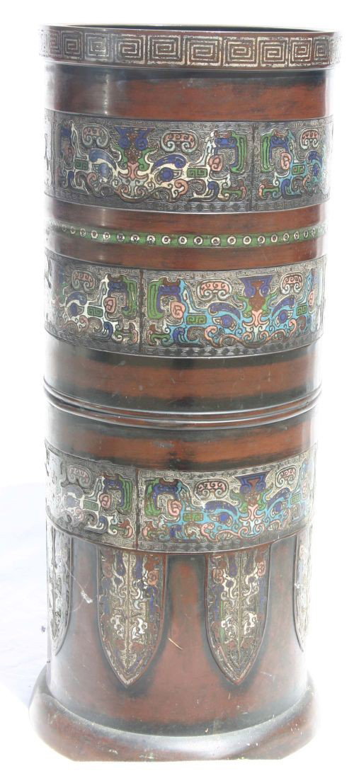 late 19thC Chinese bronze umbrella stand w multiple: late 19thC Chinese bronze umbrella stand w multiple champleve bands & shields - 23 3/4" tall