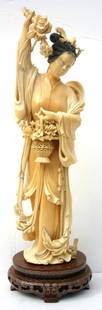 Spectacular ca 1880's very large 13 1/2" tall ivory: Spectacular ca 1880's very large 13 1/2" tall ivory carved Chinese figure of a woman w flowers & flower basket - comes w orig box