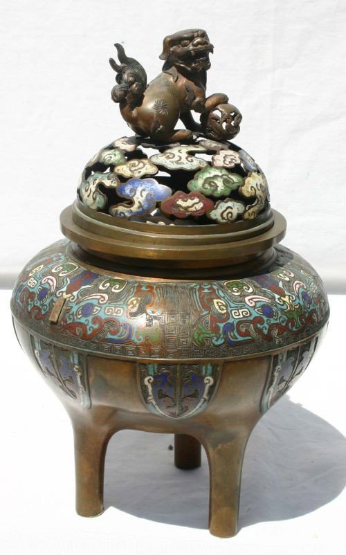 Chinese bronze & Champleve 3 legged incense burner: Chinese bronze & Champleve 3 legged incense burner w Foo Dog finial & dragon handles - 15" tall