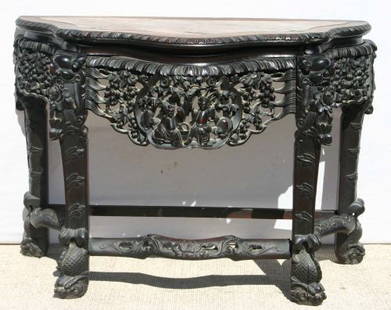 spectacular antique Chinese carved rosewood marble: spectacular antique Chinese carved rosewood marble inset stretcher based shaped top table w exotic fish or dragon carved feet - 43" long x 22" deep x 31 1/2" tall