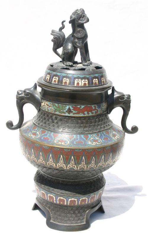 19thC Asian bronze & Champleve sensor w dragon han: 19thC Asian bronze & Champleve sensor w dragon handles & Foo Dog finial - 17" tall