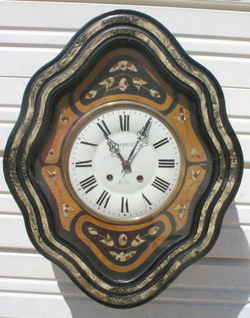 French painted & MOP inlaid wall clock w brass wor: French painted & MOP inlaid wall clock w brass works marked "Paquier Ballou"
